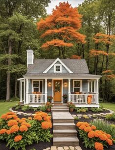 a small blue house with orange flowers in the front yard and steps leading up to it