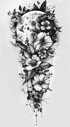 a black and white drawing of flowers on a half moon