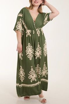 Composition: 100% Viscose One Size (8-16UK) Casual Khaki V-neck Dress, Spring Green V-neck Jumpsuits And Rompers, Green V-neck Jumpsuits And Rompers For Spring, Casual Khaki Maxi Dress For Vacation, Green V-neck Casual Jumpsuits And Rompers, Flowy V-neck Jumpsuits And Rompers For Summer, Khaki V-neck Vacation Dress, Green Bohemian V-neck Jumpsuits And Rompers, Flowy V-neck Jumpsuits And Rompers For Vacation