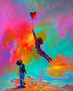 a painting of a person holding a heart shaped balloon in the air, with text that reads hang on to your heart