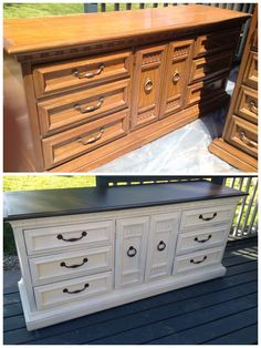 two different types of dressers are shown in the same image, one is white and the other is brown