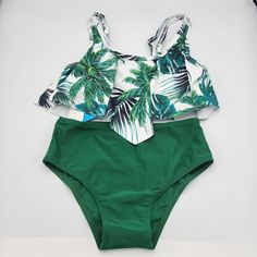 Amazon Girl, Ruffle Bathing Suit, Halter Swimwear, Black Bathing Suits, Tropical Leaf Print, Solid Green, 2 Piece Swimsuits, Girls Stripes