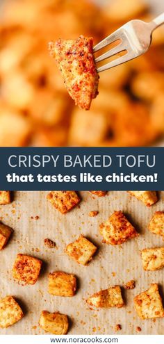 crispy baked tofu that tastes like chicken on a fork with the words, crispy baked tofu that tastes like chicken