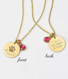 "Personalize your necklace with your pet's name and birthstone! This necklace looks great alone or layered! This disc pendant can be engraved with our stock paw print and your choice of name and date on the front with an additional option to have words/date or short phrase engraved on the back. Disc charm is 16 mm/ 0.5\" Natural birthstone charm is 6 mm/ 0.2\" Model is wearing 16\" length with sterling silver cable chain. Disk is engraved with font style #3. Information We Need From You: ► Text Adjustable Paw Print Jewelry For Anniversary, Gold Paw Print Jewelry For Best Friend, Gold Paw Print Jewelry For Best Friend Gift, Paw Print Round Pendant Jewelry As Gift, Paw Print Round Pendant Jewelry For Gift, Paw Print Round Pendant Jewelry Gift, Gold Paw Print Jewelry For Mother's Day, Mother's Day Gold Paw Print Jewelry, Paw Print Necklace