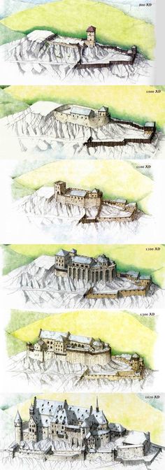 three different views of a castle in the mountains