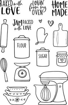 a black and white drawing of kitchen related items with the words baked in the love