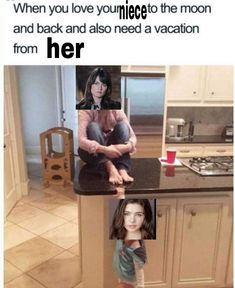 a woman sitting on top of a kitchen counter