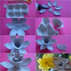 there are many pictures of flowers made out of egg cartons