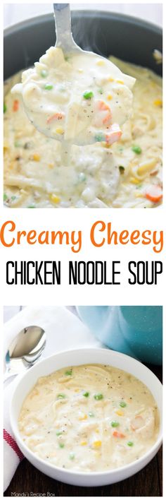 creamy cheesy chicken noodle soup in a white bowl with a ladle