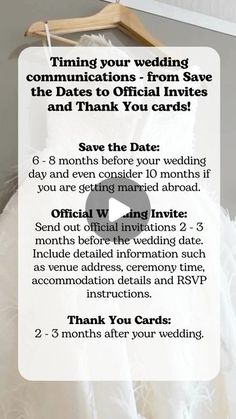 a wedding dress on a hanger with the words save the date and thank you cards