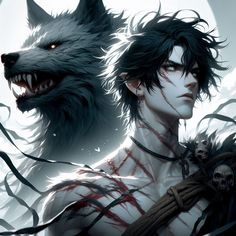 a man holding a rope next to a wolf with blood on his face and eyes