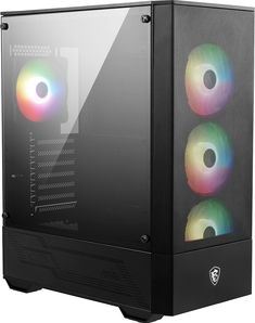 a black computer case with three colorful lights on it's front and side panels