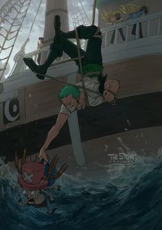 two anime characters hanging off the side of a boat in the ocean, one holding onto another character's leg