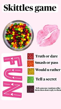 a pink poster with the words skittles game next to it is a bowl of candy