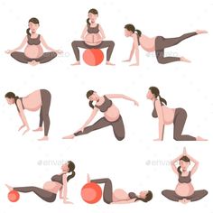 pregnant woman doing yoga poses and exercises - people characters