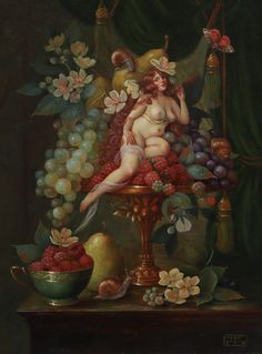 a painting of a naked woman surrounded by fruit