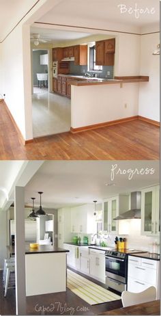 before and after photos of a kitchen remodel with white cabinets, wood floors