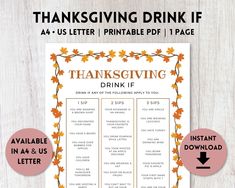 the thanksgiving drink list is shown on a wooden table with fall leaves and pumpkins