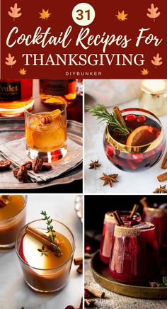 cocktails and drinks with text that reads 31 cocktail recipes for thanksgiving