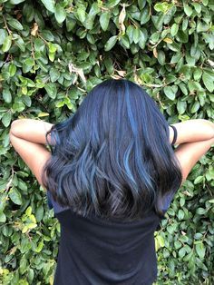 Midnight Blue Hair With Highlights, Streaks Of Blue In Hair, Blue Hair Colour For Indian Skin, Black Hair With Light Blue Highlights, Blue Highlights In Brown Hair Straight, Midnight Blue Highlights On Black Hair, Light Blue Highlights In Black Hair, Blue Highlights In Brown Hair Curly, Hair Strips Color Highlights