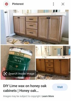 four different pictures show the inside of a bathroom with wood cabinets and flooring in it