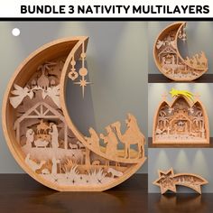 a wooden nativity scene is shown in three different stages, including the birth of jesus