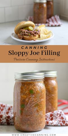 canning sloppy joe filling in jars with text overlay