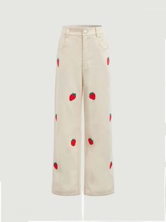 Beige Casual Collar  Fabric Fruit&Vegetable Straight Leg Embellished Non-Stretch  Women Clothing Strawberry Jeans, Fruit Outfits, Strawberry Pants, Strawberry Fashion, Cute Colorful Outfits, Strawberry Clothes, Strawberry Clothing, Strawberry Outfit, Cute Bottoms