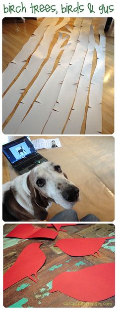 there are three different pictures with the same dog on it's back and one is made out of strips of paper