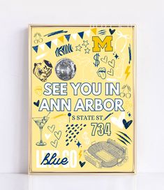 a yellow poster with the words see you in an arbor and blue lettering on it