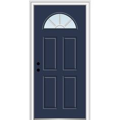 a blue front door with an arched glass and metal sidelights on the top half