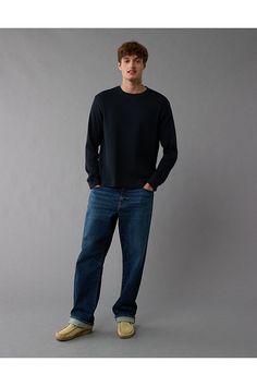 Super soft thermal fabric/Crew neck/Long sleeves/Straight hem Casual Waffle Knit Sweatshirt With Relaxed Fit, Long Sleeve Ribbed T-shirt With Relaxed Fit, Ribbed Long Sleeve Relaxed T-shirt, Relaxed Fit Long Sleeve Waffle Knit Sweater, Casual Waffle Knit Sweatshirt, Long Sleeve Waffle Knit Sweater With Relaxed Fit, Waffle Knit Long Sleeve Sweater With Relaxed Fit, Casual Textured Knit Crew Top, Casual Waffle Knit Sweatshirt For Layering