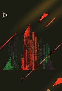 an abstract background with red, green and orange shapes on black paper in the foreground