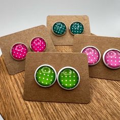 Description: Colorful Pop Of Color Polka-Dot Stud Earrings These Items Are Individually Made With Love By Me. Details: Handmade Materials: Stainless Steel Studs & Glass Includes Rubber Backs Colors: Greens, Pink, & White Set: It Comes In Sets Of Four. Style: Colorful / Whimsical / Kawaii / Polka-Dot Care Instructions: Store Out Of Direct Sunlight And Keep Away From Water. It Is Not Recommended To Wear These Earrings In Or Around Water. Playful Pink Round Earrings, Cute Multicolor Round Earrings, Trendy Stud Earrings, Rainbow Pearl, Holiday Bows, Faux Pearl Earrings, Face Earrings, Crystal Hoop Earrings, Statement Drop Earrings