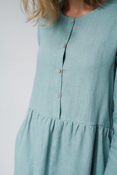 "Rio dress, Long sleeve dress, Oversized dress, Linen dress, Maternity dress, Linen clothing, Loose fit dress, Classic dress, Romantic dress -----------We do make custom made clothes. Just let us know your measurements ------------------- * Handmade * Colour: aqua * 100 % washed and softened Lithuanian linen * 205 g/m2 * Buttons * Inner pockets * Oversized dress * Perfect for maternity * Length of the dress - 100 cm * Length of the sleeves - 60 cm Choose your size (your body measurements) : Size Relaxed Fit Long-sleeved Ruffle Dress, Relaxed Fit Long Sleeve Dress With Ruffles, Green Tunic Dress For Daywear, Long Sleeve Linen Dress With Ruffles, Loose Fit Dress, Beautiful Long Dresses, Simple Sewing, Dress Maternity, Linen Clothing