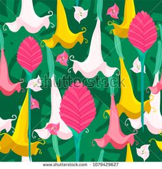 pink and yellow flowers with green leaves on a green background, seamless wallpaper