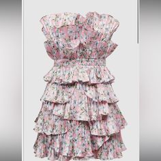 Anthropologie Nwt Amur Reed Pleated Strapless Shell Mini Dress Women's Rosewater Posey Size 12 Elegant Pink Floral Dress With Ruffles, Pink Fitted Tiered Floral Dress, Pink Ruched Floral Dress For Garden Party, Flirty Pink Dress With Rose Print, Flirty Pink Rose Print Dress, Rose Water, Summer Winter, Dressy Casual, Fit And Flare