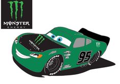 a green race car with the number 95 on it's side and monster eyes