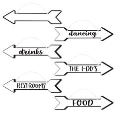 four arrows pointing in different directions with the words drinking, restaurants and food written on them