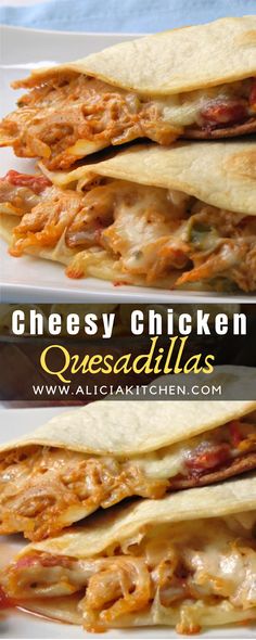 cheesy chicken quesadillas on a white plate with text overlay