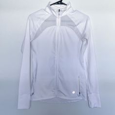 New With Tags White Athletic Jacket From Gapfit With Many Comfortable Features - Thumb Holes, Inside Pockets, Flat Seams, Tables, Four Way Stretch, Breathable, Mesh Inlays, Zips Up Gap Long Sleeve Outerwear For Layered Wear, Gap Sporty Long Sleeve Tops, Sporty Long Sleeve Tops By Gap, White Stretch Sports Outerwear, White Stretch Outerwear For Sports, White Stretch Track Jacket For Spring, Fitted White Gap Top, White Fitted Top By Gap, Sporty White Gap Tops