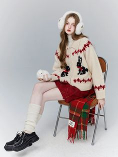 ❤︎ American Retro Preppy Rabbit Knit Cardigan❤︎ Embroidery Winter, Retro Preppy, Zip Cardigan, Cute Embroidery, Textiles Fashion, White Cardigan, Earmuffs, Winter Knits, Pretty Outfits