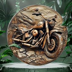 a metal plaque with a motorcycle on it in the middle of some plants and rocks