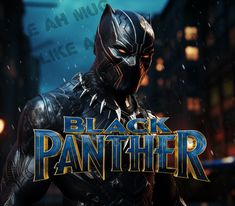 the black panther logo is shown in front of an image of a city at night