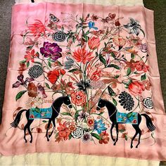 It’s Very Rare!!! Authentic Gucci Flora Print Pink Multicolor Silk Scarf Made In Italy This Is Absolutely Beautiful & Extremely Elegant Authentic Gucci Accessory Collection. Women's 100% Silk Large Scarf; Approx. 51" In Length & 51" In Wide ; Hand-Rolled Hems; Garment Care Label Is Included; Fantastic Multi-Color Floral With Pink Border; In Excellent Brand New Condition With No Pulls, No Damage, No Odor; A Superb Quality Scarf, Made In Italy. New With A Tag 100% Silk Twill Square Shape Size 51" Elegant Gucci Silk Scarf, Designer Pink Silk Scarf, Designer Silk Scarf For Spring, Pink Luxury Silk Scarf, Gucci Prints, Indian Scarf, Gucci Flora, Gucci Pink, Flora Print