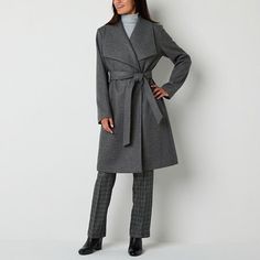 Add some chic outerwear to your closet with this women's Worthington coat. It's made from soft woven fabric with an oversized draped collar, long sleeves, side slip pockets, and a self-tie waist. Perfect for cooler weather, layer it over everything from dresses to leggings and a t-shirt.Features: BeltedClosure Type: ButtonFit: FittedNeckline: Draped NeckPockets: 2 Side Slip PocketsSleeve Length: Long SleeveWarmth Factor: MidweightApparel Length: 40 InchesOuterwear Length: LongFiber Content: 90% Polyester, 10% RayonFabric Description: WovenLining Material: PolyesterCoat Style: Wool CoatsCare: Dry Clean OnlyCountry of Origin: Imported Elegant Oversized Gray Outerwear, Elegant Oversized Belted Outerwear, Gray Belted Long Sleeve Outerwear, Modern Belted Fall Outerwear, Modern Belted Outerwear For Fall, Chic Belted Outerwear For Cold Weather, Elegant Gray Outerwear For Fall, Elegant Sweater Coat For Cold Spring Weather, Chic Gray Outerwear For Fall