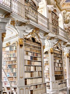 an ornately decorated library with many bookshelves and railings on the second floor