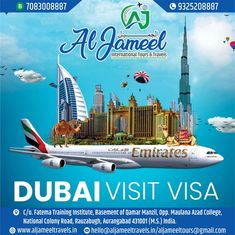 an advertisement for emirates's travel visa in front of the burj tower