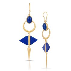 Tiye Drop Earrings feature Lapis lazuli gemstone prized for its its deep, celestial blue as the symbol of royalty and honor, gods and power, spirit and vision. It is a universal symbol of wisdom and truth. A modern geometric spin has been given to this long, dangle earrings. Handcrafted in brushed 18-karat gold vermeil, this fun designer drop earrings is a winning fashion statement for your day to evening look. The quality design is part of KEMET ROYALTY Collection18-karat gold plated over brass Blue Polished Drop Earrings, Blue Drop Earrings With Polished Finish, Modern Brass Earrings With Gemstones, Modern Blue Earrings With Natural Stones, Modern Blue Brass Earrings, Blue Polished Finish Earrings For Gift, Blue Lapis Lazuli Earrings For Formal Occasions, Formal Blue Lapis Lazuli Earrings, Modern Blue Gemstone Jewelry