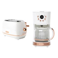 two different types of coffee maker and toaster on white background with gold trimmings